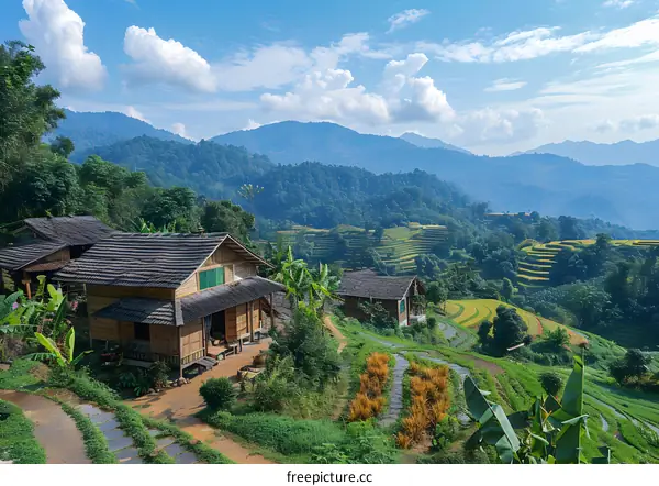 houses on terraced rice fields in mountains