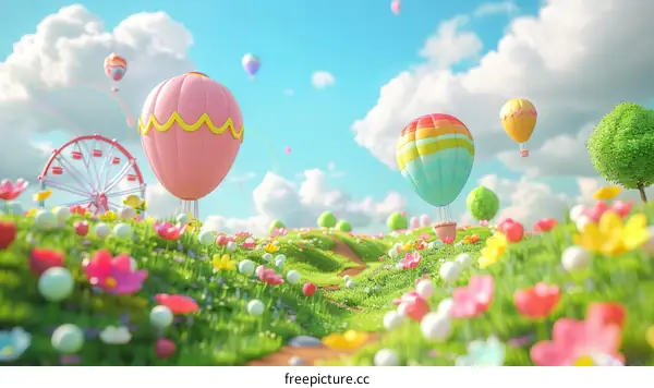 Surreal Cartoon Landscape with Hot Air Balloons