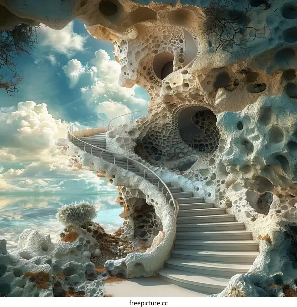 Surreal Lofty Stairway Leading to the Rocky Coastline