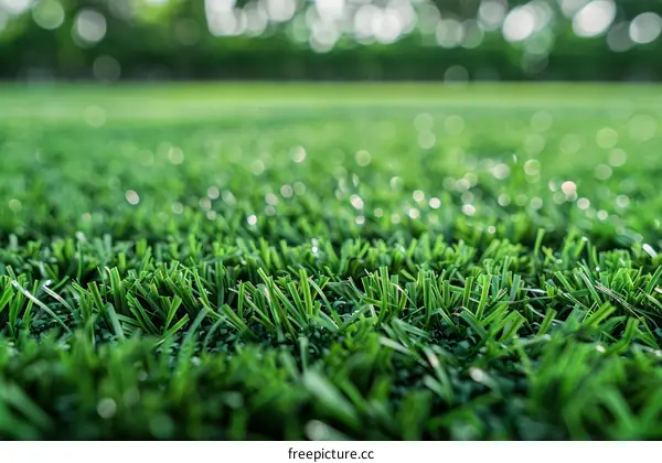 Close-up of green artificial grass texture background with blurred bokeh