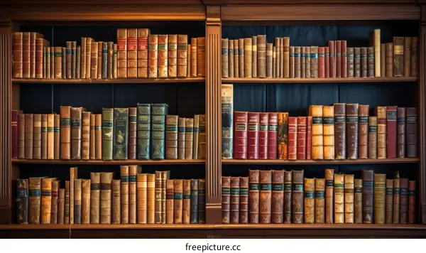 A beautiful library with many old books on wooden shelves.