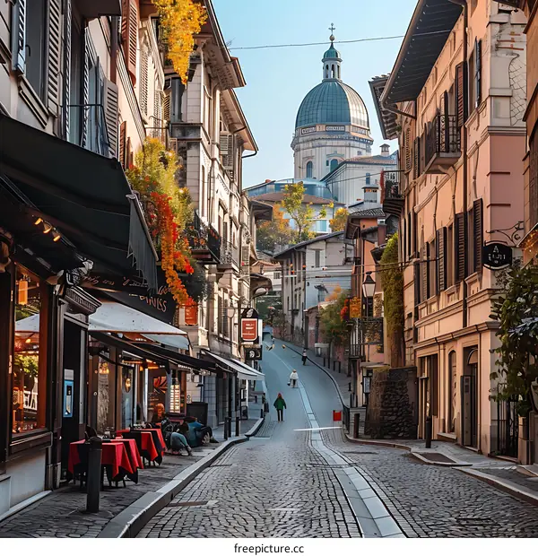 Cobblestone Street Leading to a Church in Italy
