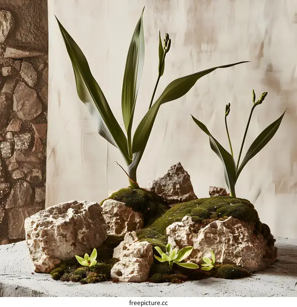 Green Plants Growing on a Bed of Moss and Rocks