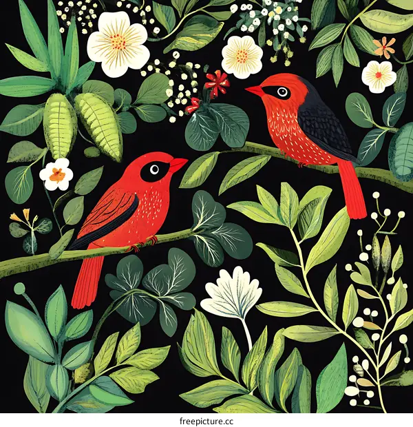 Two Red Birds Perched On Branches in a Lush Floral Pattern