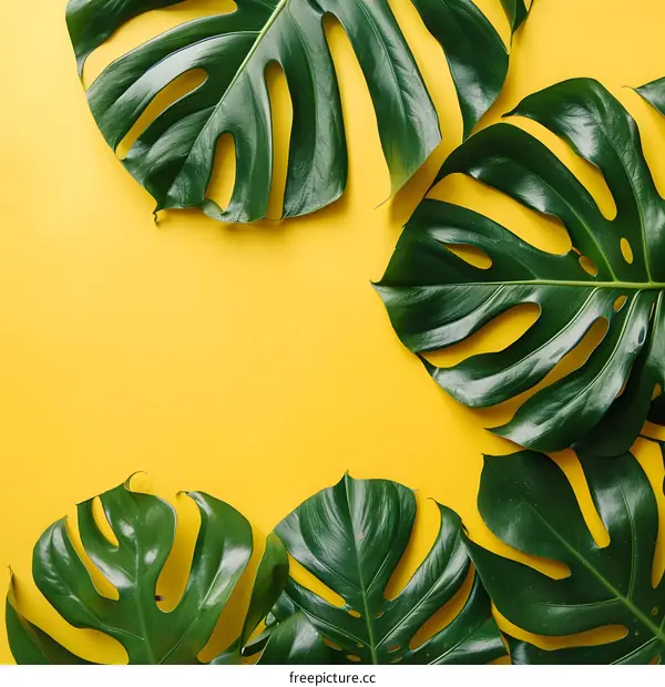 Tropical Leaves on Yellow Background