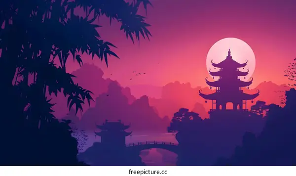 Japanese Style Pagoda Silhouette with Moon and Birds