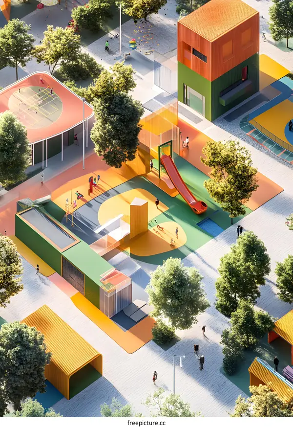 Modern Playground Design with Colorful Buildings and Play Equipment