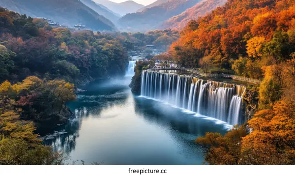 Autumn Waterfall Scenic Landscape with People
