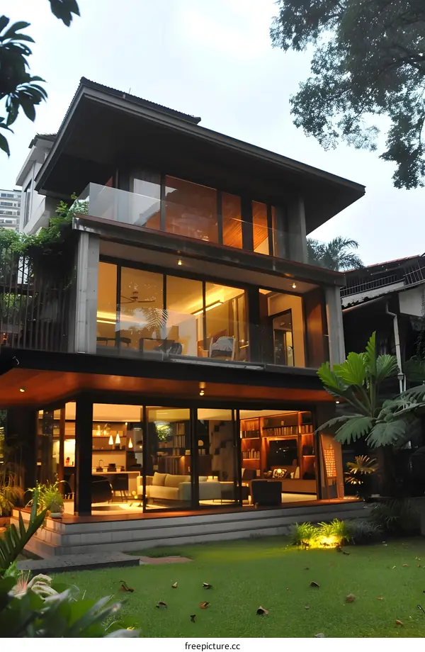 Modern House with Glass Walls and a Green Lawn