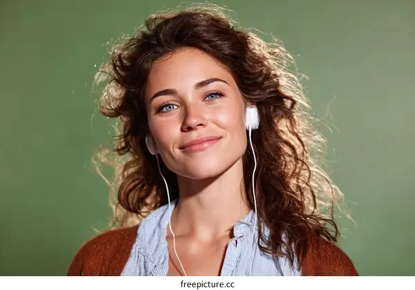 Woman with Curly Hair Listening to Music