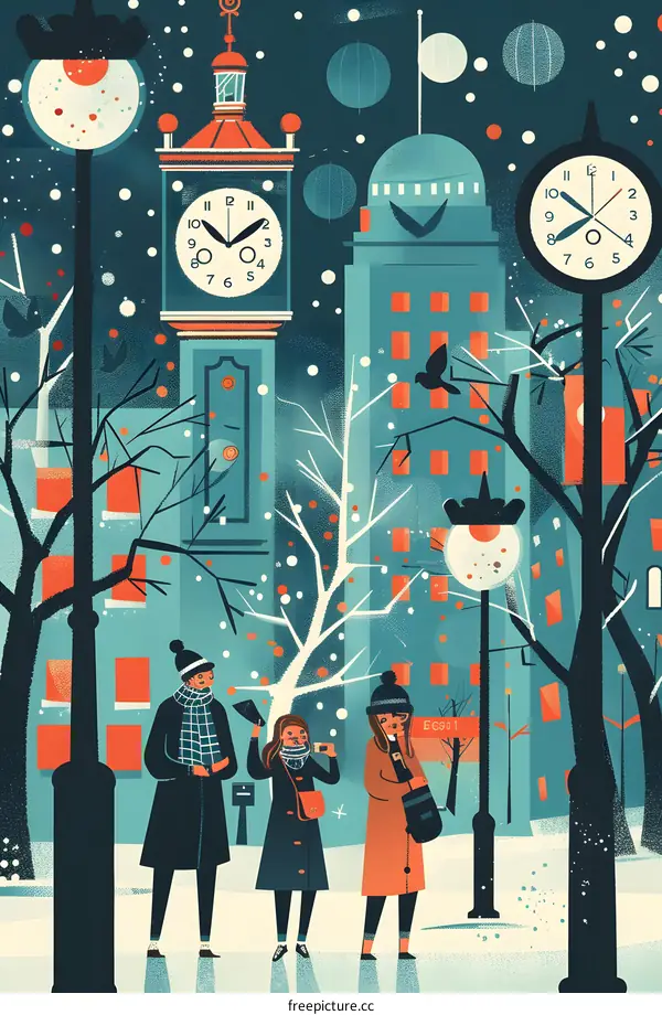 Winter Wonderland Cityscape with Three People and Clock Tower