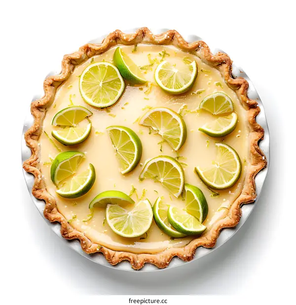 A delicious homemade key lime pie with fresh lime slices on top