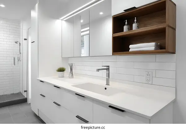 Modern White Bathroom Vanity with Tile Backsplash