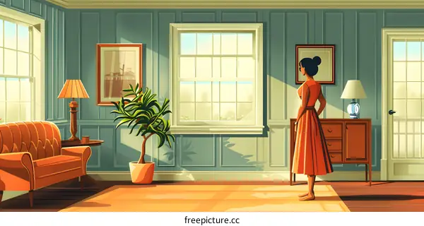 elegant woman standing in a vintage living room