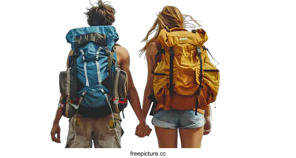 [Transparent Background PNG]A couple holding hands while backpacking