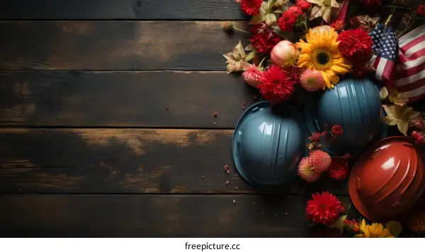 Festive Labor Day Background with Hard Hats and Flowers