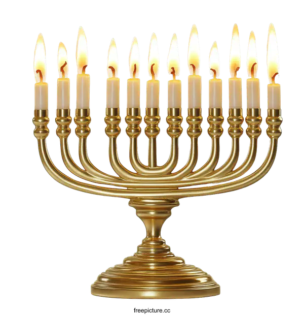 [Transparent Background PNG]Gold Hanukkah Menorah with Lit Candles