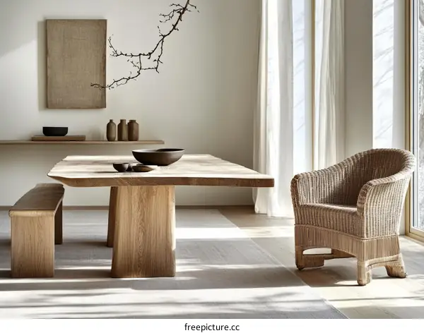 Modern Minimalist Dining Room with Wooden Table and Chair