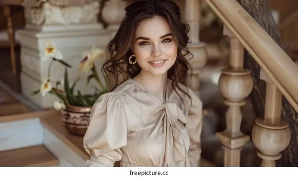 Elegant woman in beige dress posing on stairs