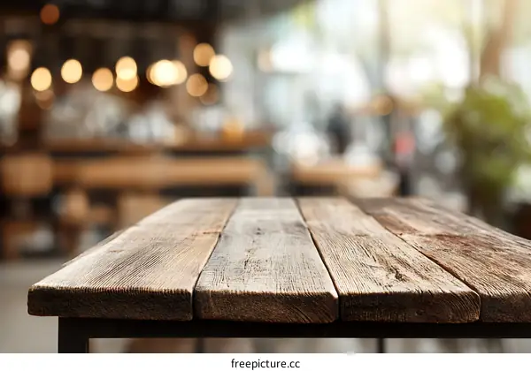 Rustic Wooden Table Top with Cafe Background