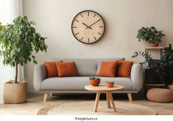 Modern Living Room Interior Design with Plants and Clock