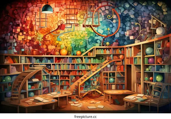 A Library Brimming with Knowledge and Colorful Shelves