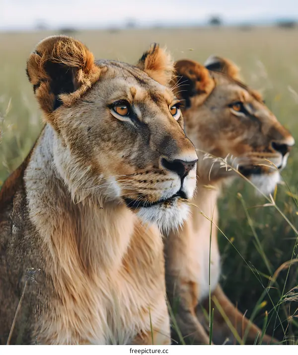 Two lionesses in the grass