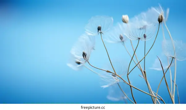 White Dandelion Seeds Blowing in Gentle Wind with Blue Sky Background
