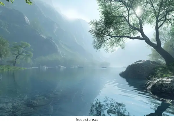 Serene Lake in a Misty Mountain Valley
