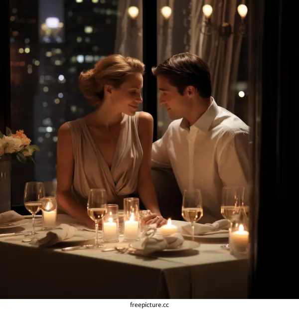 A romantic dinner for two in a restaurant with a view of the city at night