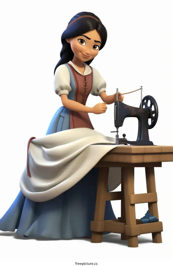 Brown-haired seamstress in blue dress sewing white fabric with vintage sewing machine