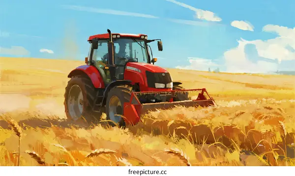 Red Tractor Working in Golden Wheat Field Under Blue Sky