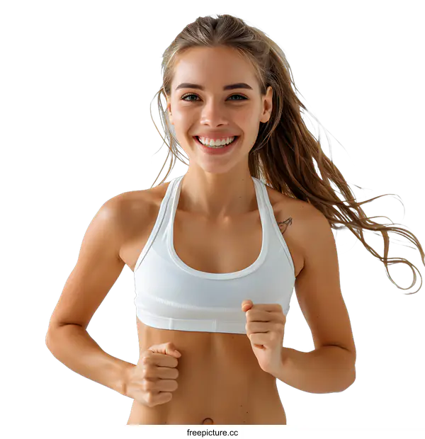 [Transparent Background PNG]Young woman in a white sports bra running
