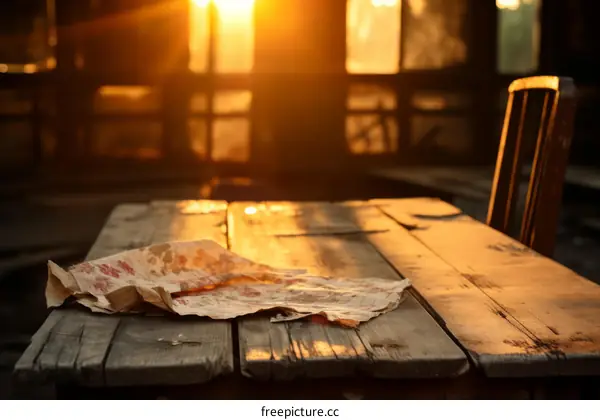 An old wooden table in an abandoned house