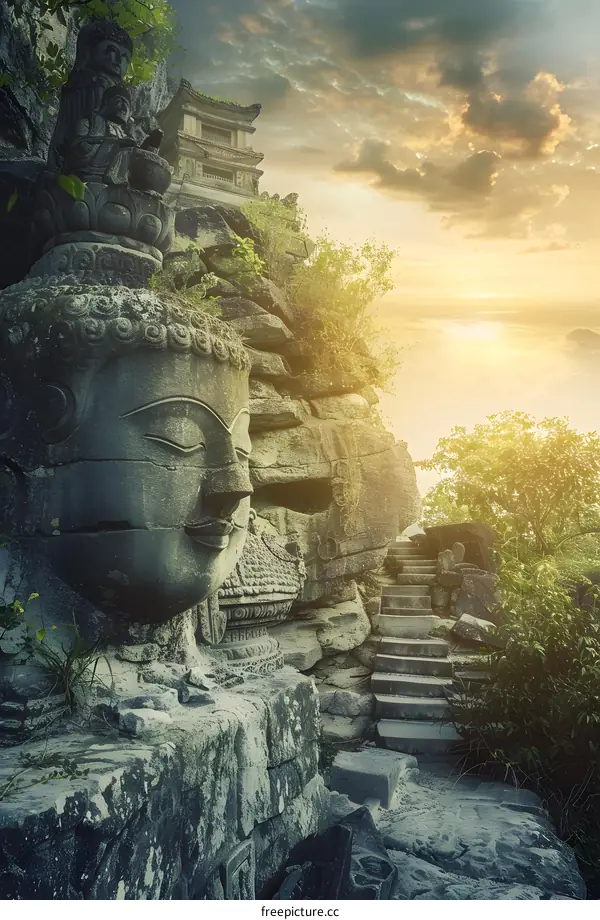 Stone Buddha Head and Temple on Mountain with Sunset