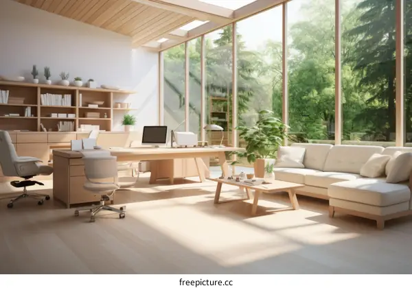 A modern home office with a large window looking out onto a forest