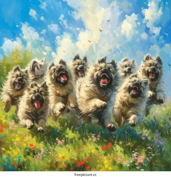 A pack of happy dogs running through a field of flowers