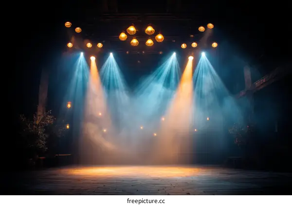 Empty Stage with Spotlight Beams and Fog