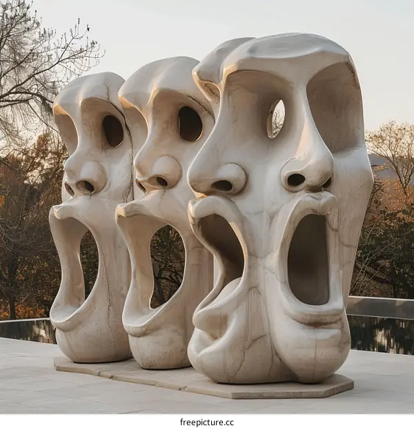 Three White Marble Sculptures of Screaming Faces