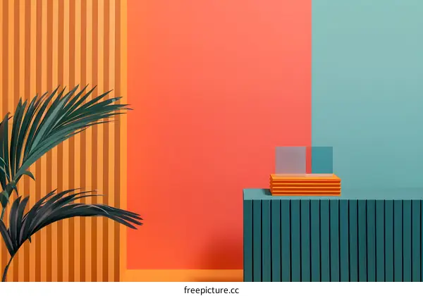 Minimalist Abstract Background with Palm Tree and Colorful Geometric Shapes