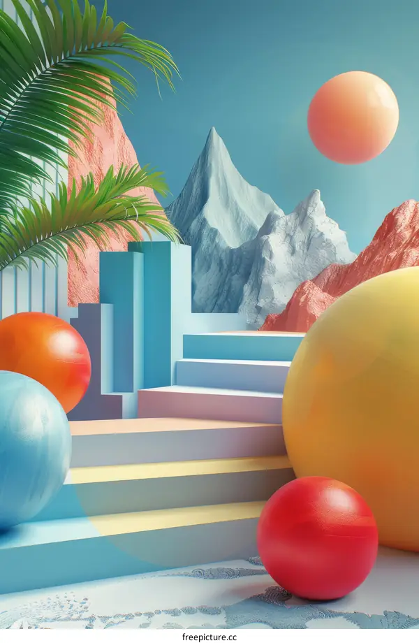 3D illustration of a surreal landscape with mountains, palm trees, and colorful spheres
