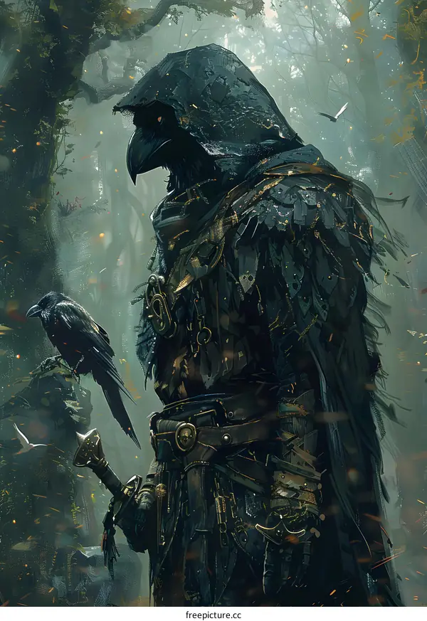 A cloaked figure standing in a forest