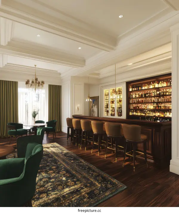 Luxury Bar Interior Design With Wooden Bar Counter And Green Velvet Chairs