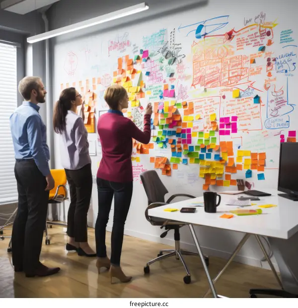 Three people brainstorming ideas in front of a wall full of sticky notes
