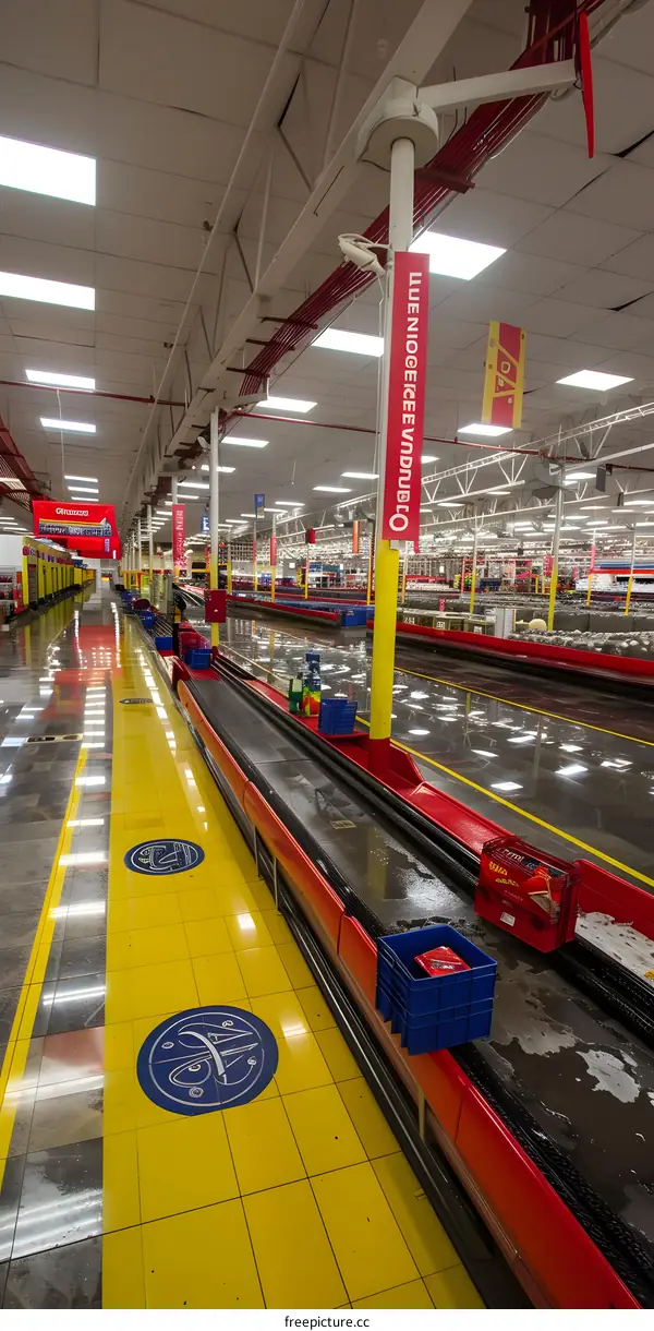 Conveyor Belt System Inside a Large Warehouse