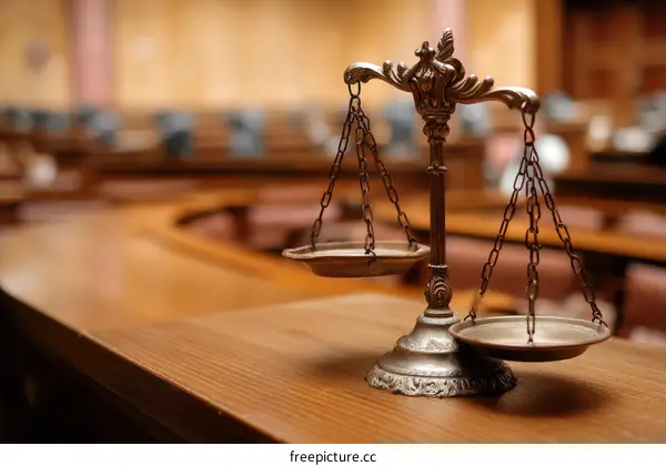 Justice Scales on Wooden Table in Courtroom