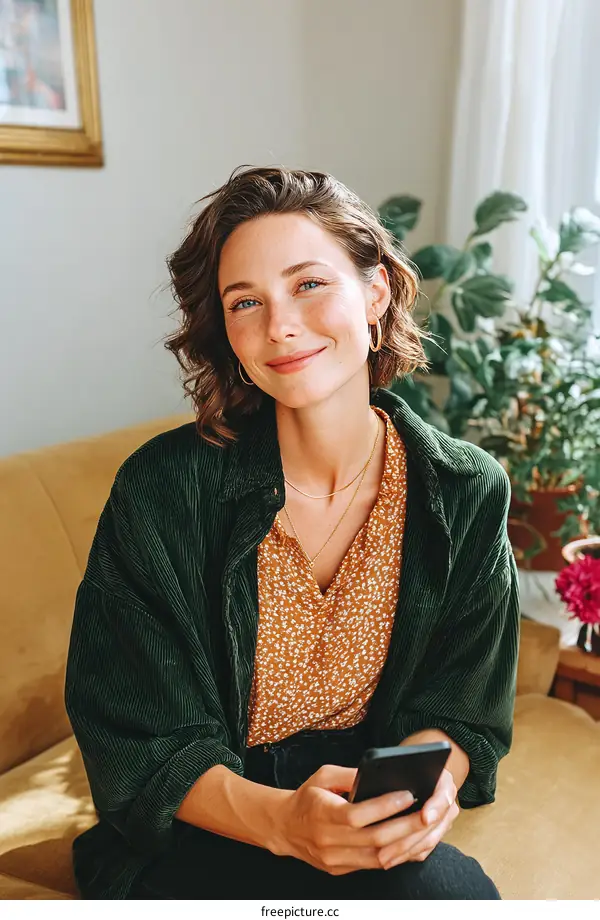 Woman using smartphone, cozy living room setting