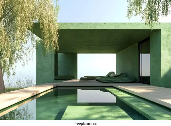 Minimalist Green Concrete House with Pool