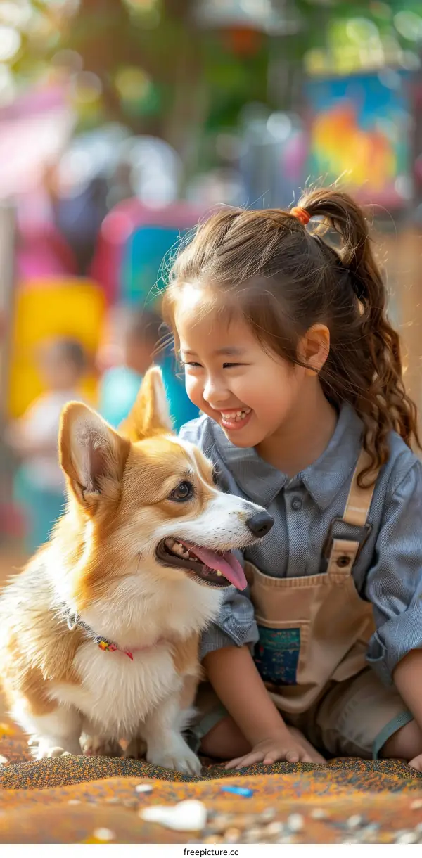 A happy girl playing with a cute dog in the park