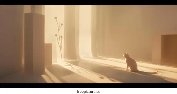 White Cat Sitting in a Minimalist Room with Sunlight